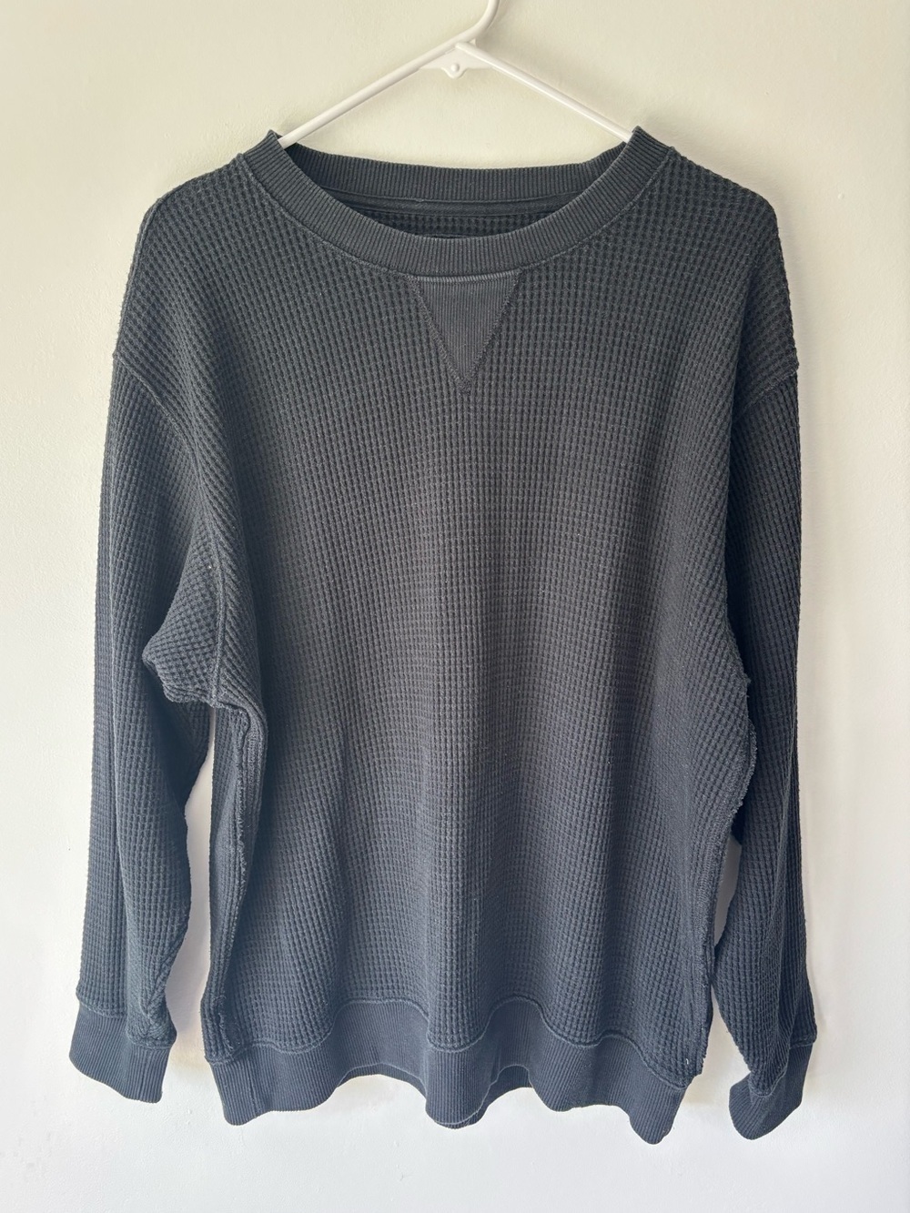 Aerie Black Waffle Knit Crewneck Pullover Sweatshirt Oversized Loungewear Cozy